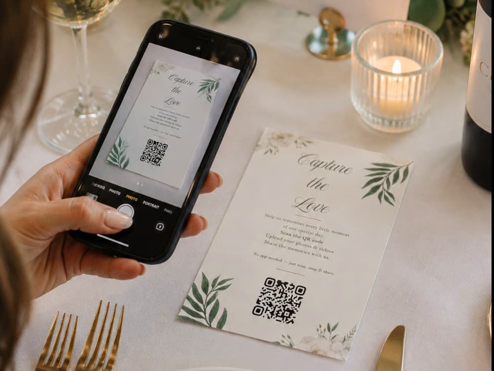 Wedding guest scanning the QR code on a Capture the Love table card with their phone camera